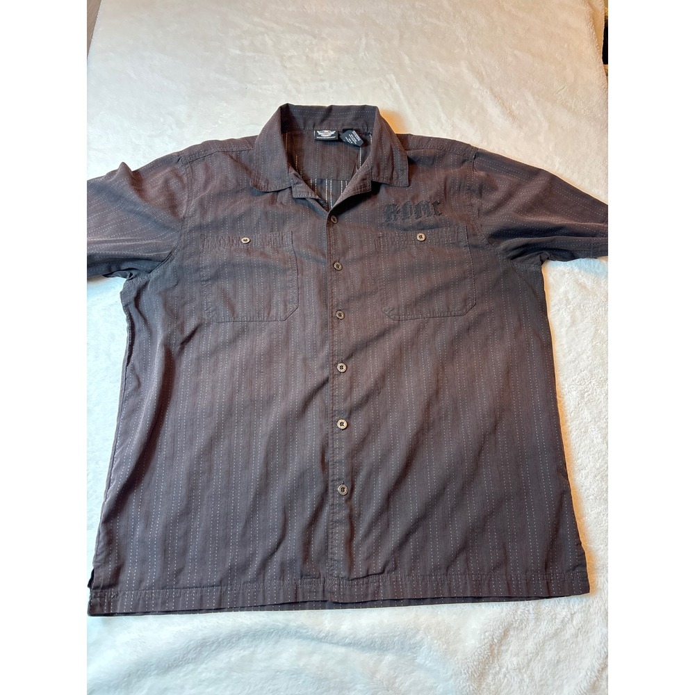 Harley Davidson Mens XL Brown Pinstripe HDMC Embroidered Short Sleeve Shirt